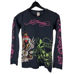 Vintage 2000s Women’s Ed Hardy Skull Long Sleeve Grunge Cute Shirt Size S